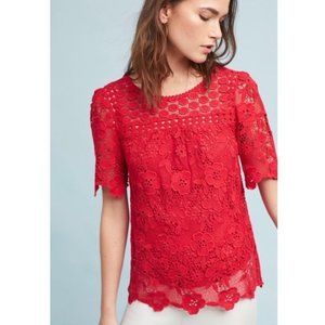 Anthropologie Vanessa & Virginia Candace Crochet Lace top Boho Crimson Red 4 S